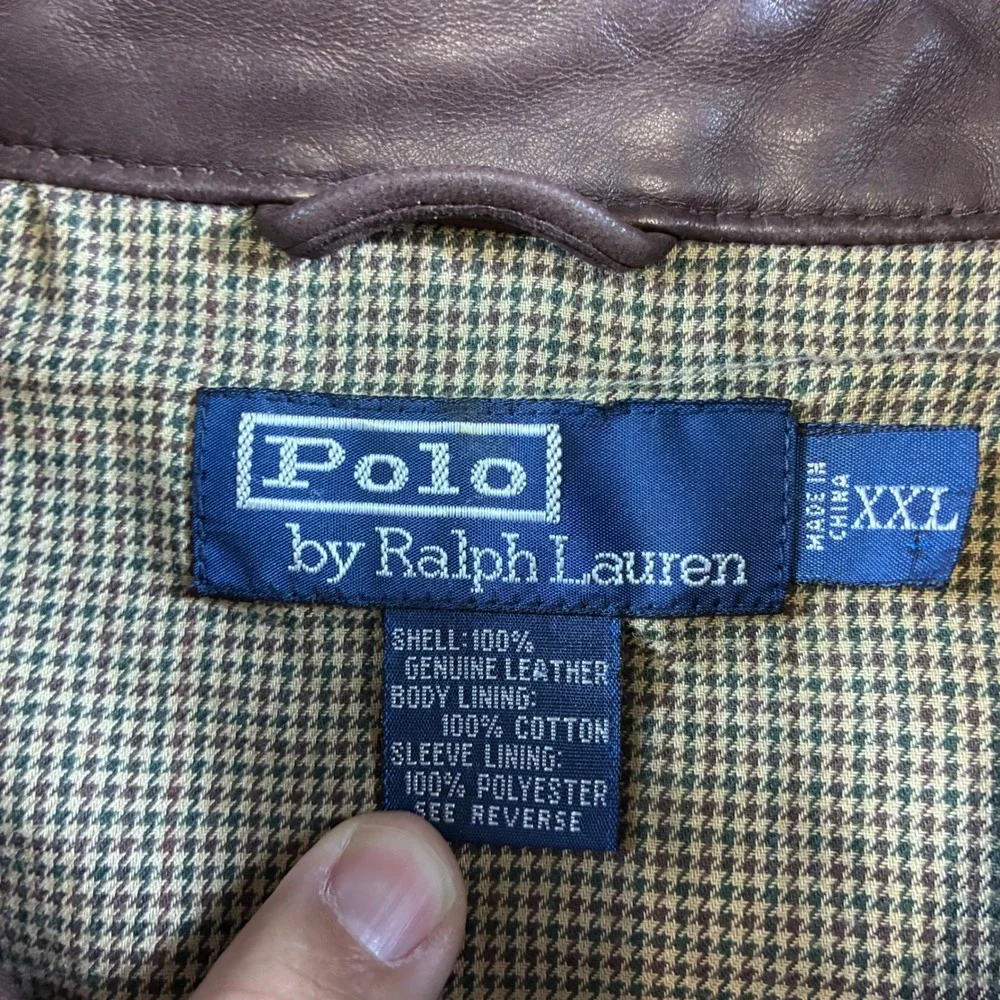 Polo Ralph Lauren Mens XXL Brown Leather Harrington Jacket Houndstooth Lining